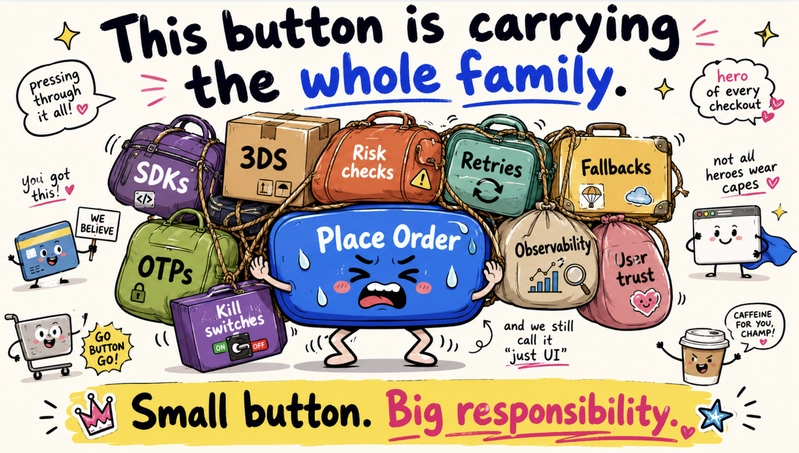 Final slide showing an overwhelmed Place Order button carrying the payment family, including SDKs, 3DS, risk checks, retries, fallbacks, OTPs, kill switches, observability, and user trust