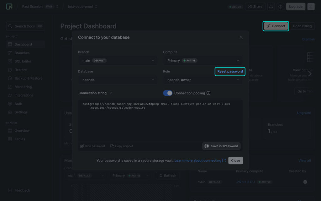 Screenshot of Neon console showing Reset password settings