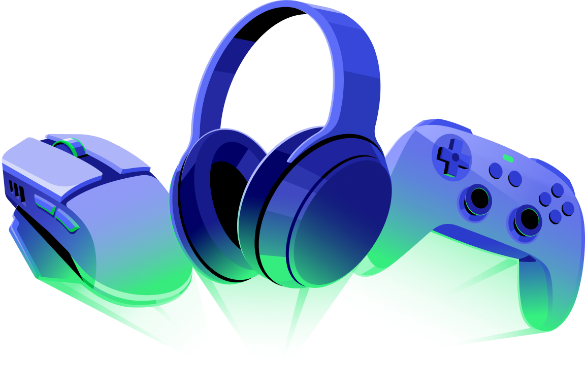 A gaming mouse, a headset, and a controller.