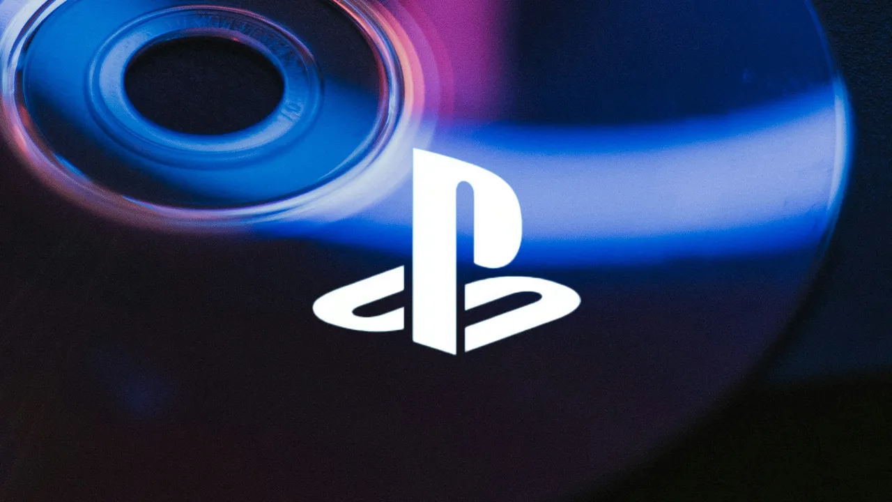 The PlayStation logo (white) overlaid on a close-up of a physical disc