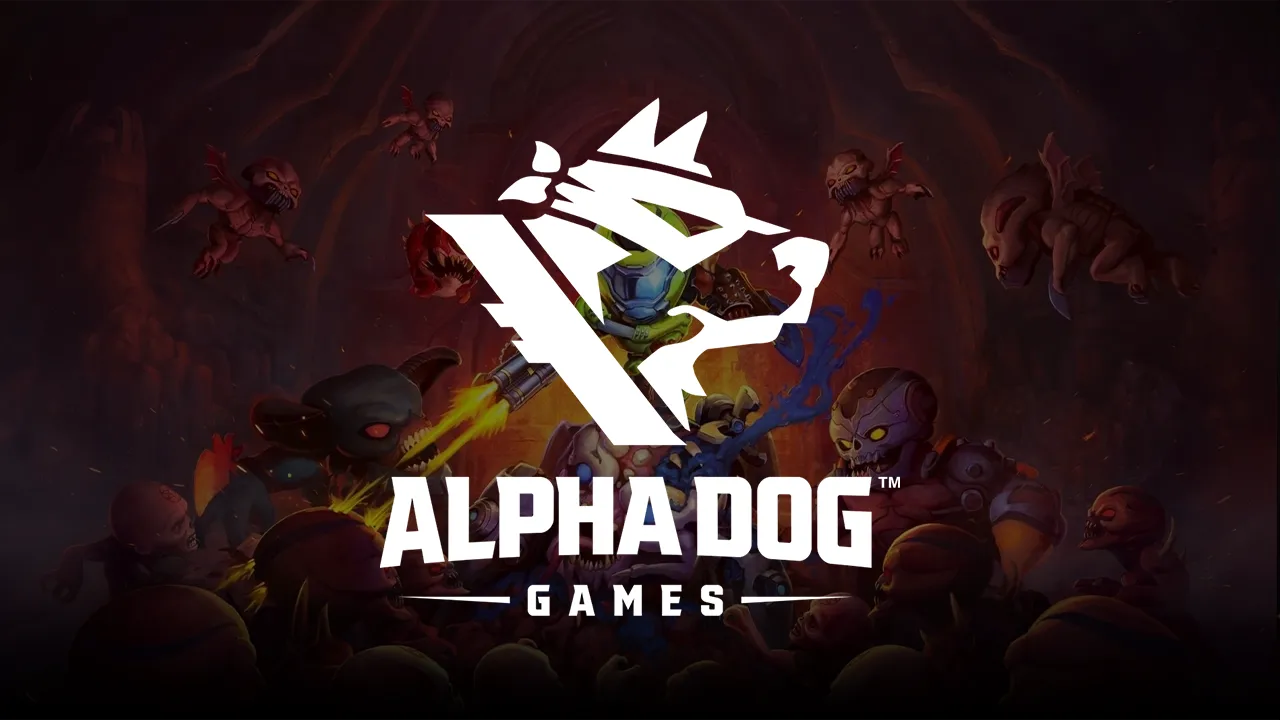 The Alpha Dog logo overlaid on key artwork for Mighty Doom