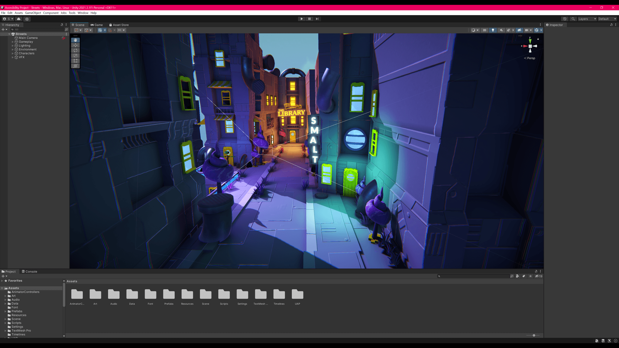 In this screenshot of Unity Editor, the street location of the game is visible in the Scene view. The full street leading up to the illuminated Library building is visible. The street includes both neon lighting and whimsical details (such as tree foliage that looks like soft-serve ice cream); long shadows contribute to a mysterious atmosphere.