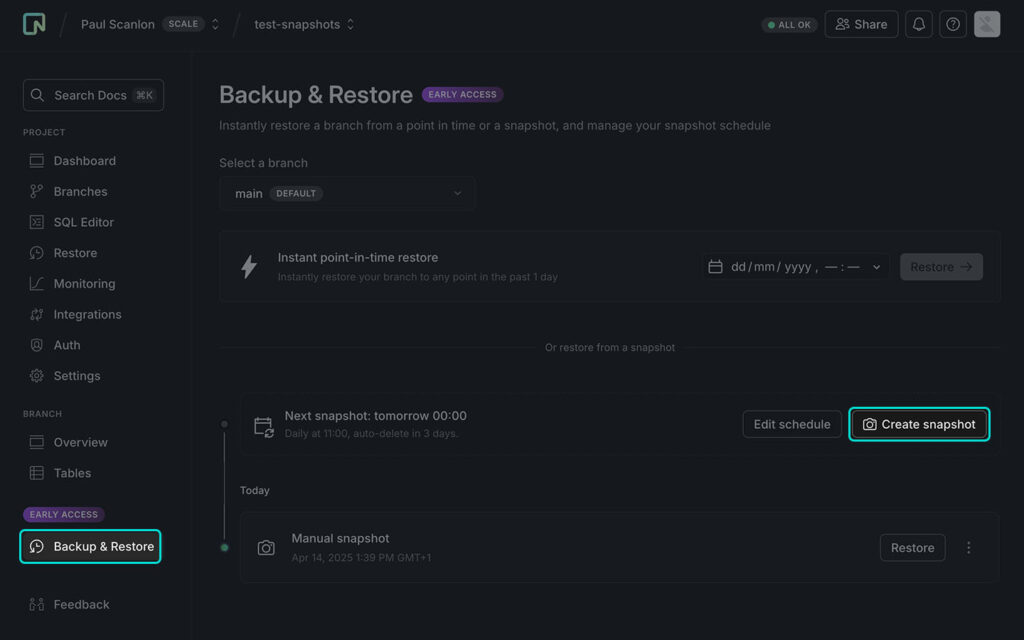 Screenshot of Neon console showing Snapshot settings
