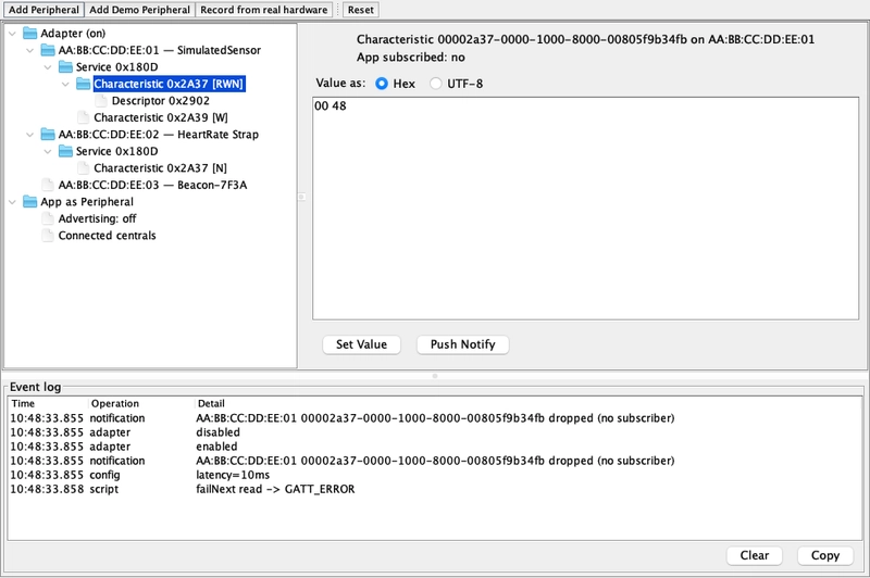 Bluetooth simulator with a virtual device tree and characteristic editor