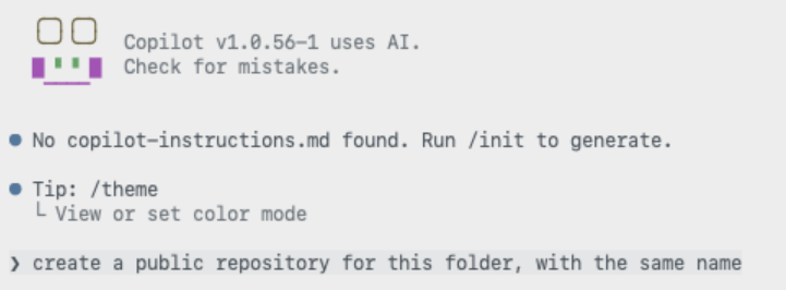 Screenshot of Copilot CLI screen that says 'create a public repository for this folder with the same name'