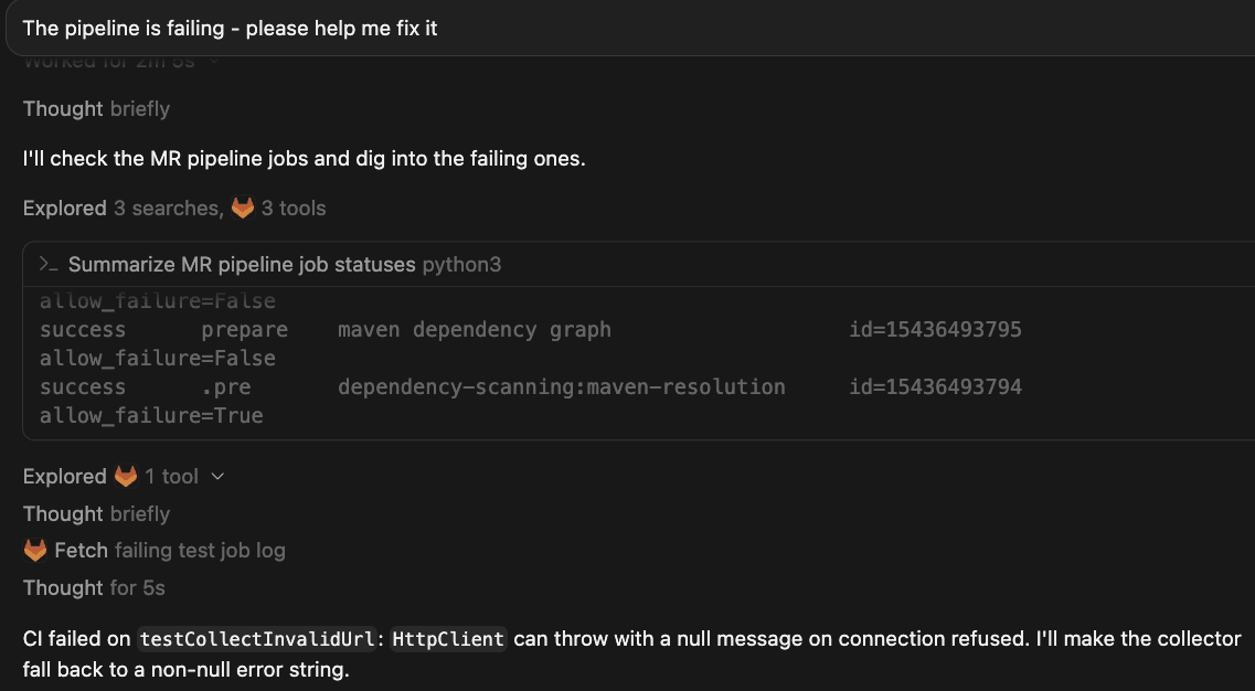 Cursor IDE with GitLab MCP server tool call to fetch CI/CD job logs
