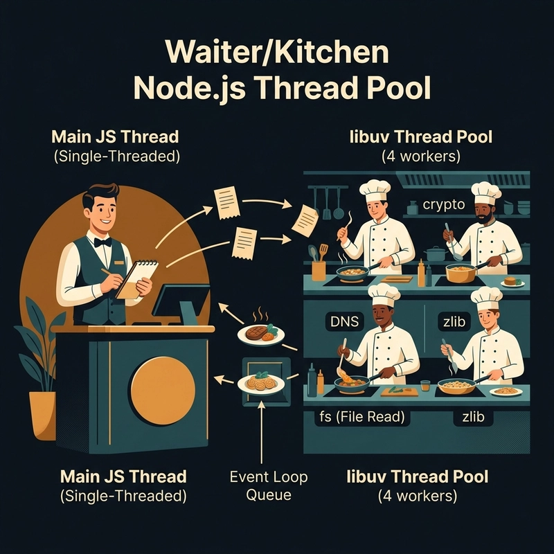 The Waiter and Kitchen Staff analogy for the Node.js Thread Pool
