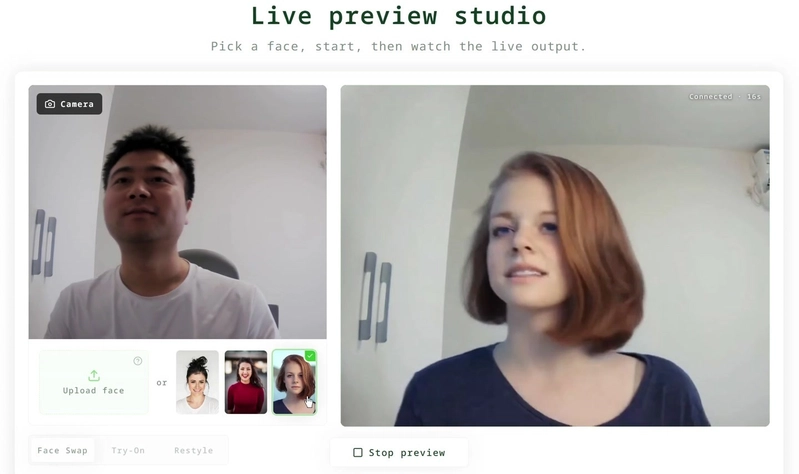 Vivify realtime face swap browser preview with Camera input beside AI output