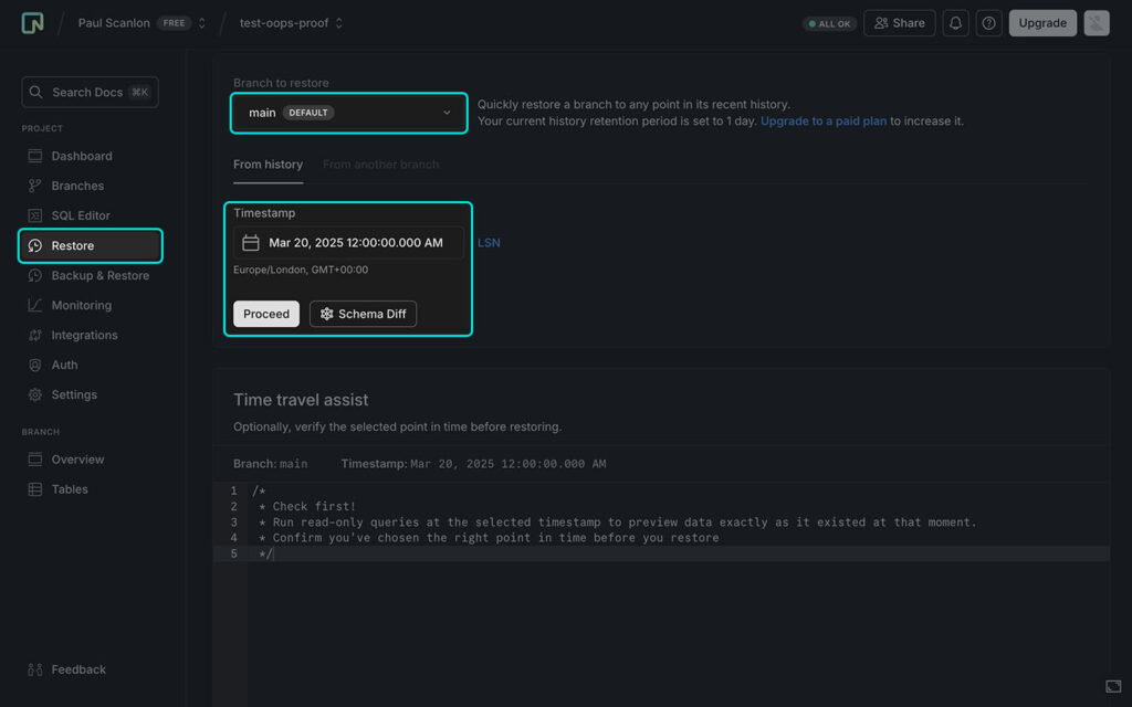 Screenshot of Neon console showing Point-in-Time Restore settngs