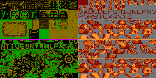 This shows how the same image above has been broken into banks. The background pane on the left is using 2K banks, which means it is split in the middle, while the sprite pane on the right uses 1K banks. Each bank can be swapped freely on the fly.