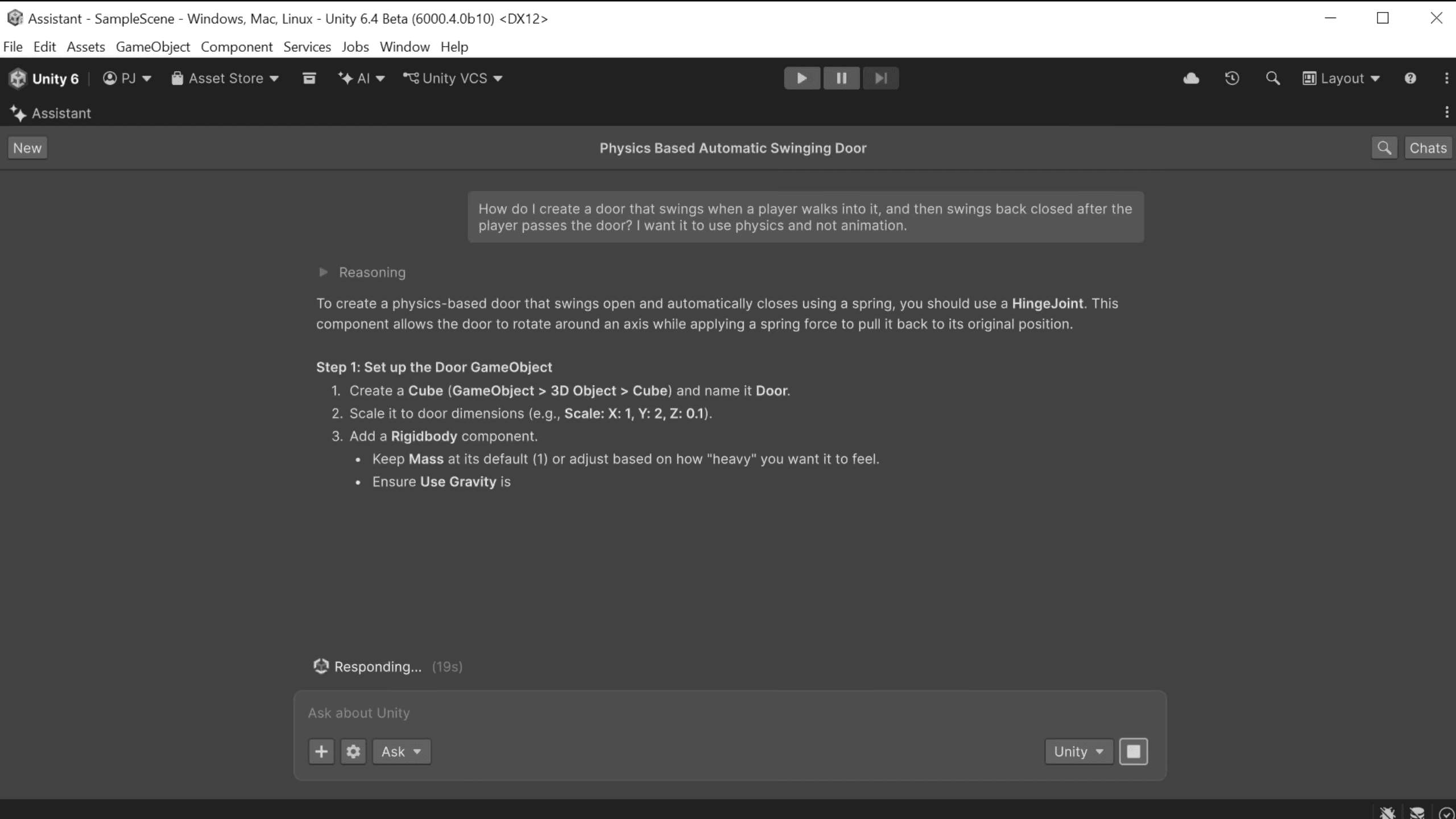 Unity's AI Assistant open in the Unity Editor. A user asks how to create a physics-based automatic swinging door.
