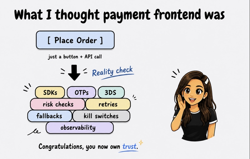 Early slide titled What I thought payment frontend was, showing a Place Order button above SDKs, OTPs, 3DS, risk checks, retries, fallbacks, kill switches, observability, and user trust