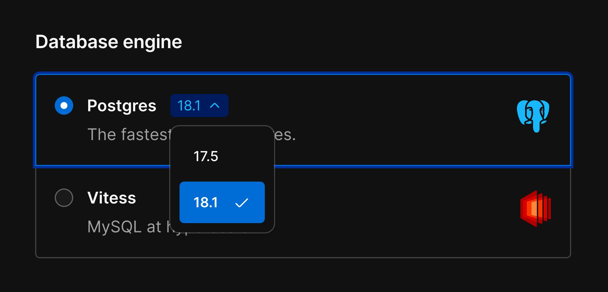 Postgres version selection dropdown