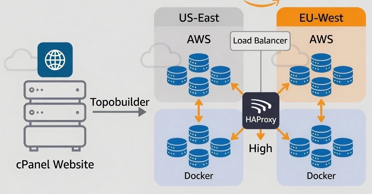 Topobuilder brings a cPanel website into an AWS multi-region containerized application with an HAProxy load balancer