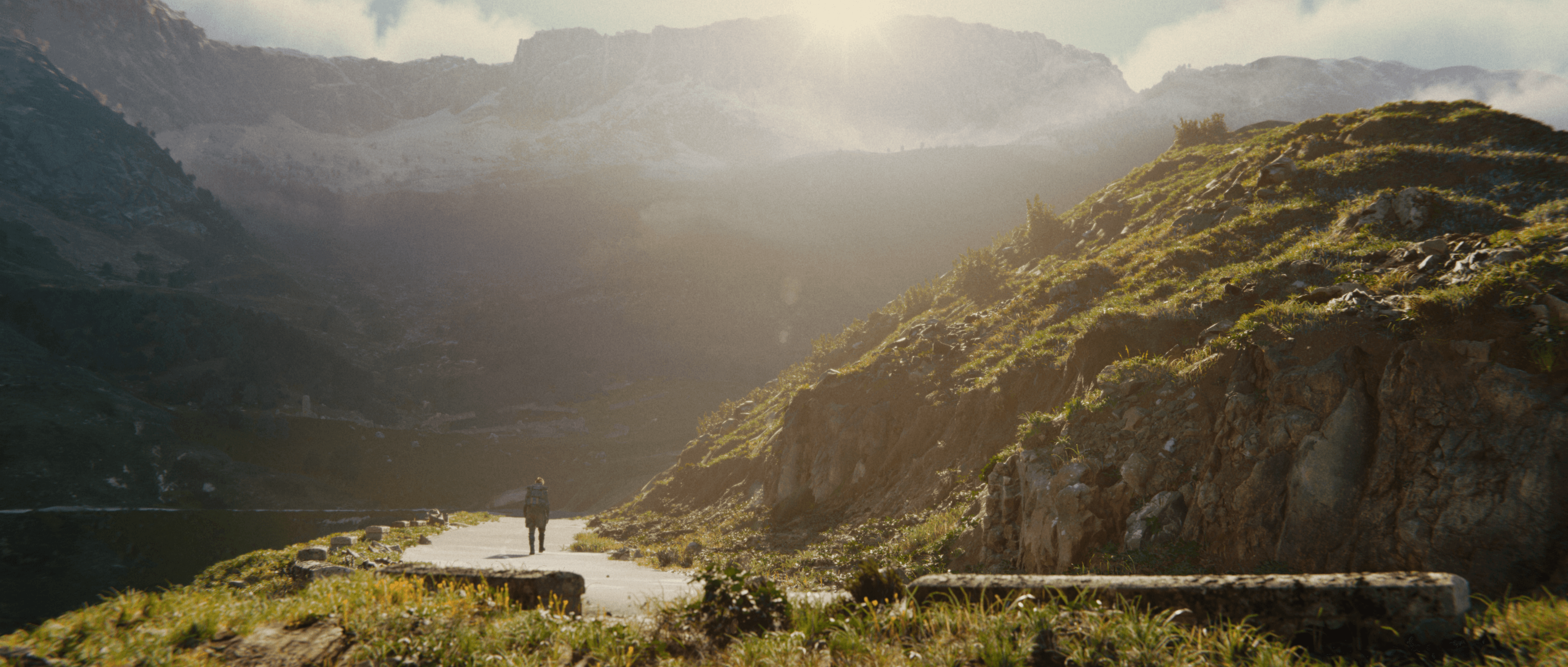 Still from Time Ghost showing a character walking through a large outdoor environment