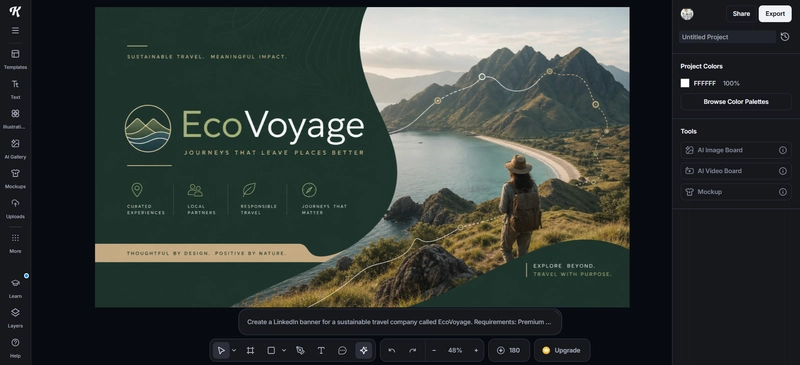 Kittl AI generating a premium LinkedIn banner for EcoVoyage with modern branding, elegant typography, sustainable travel visuals, cohesive color palette, and commercial-ready graphic design