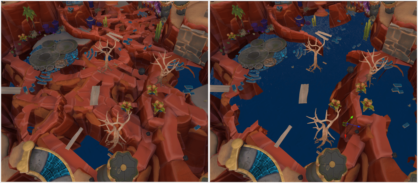 Two images show before and after level artists have removed unseen meshes in the game terrain