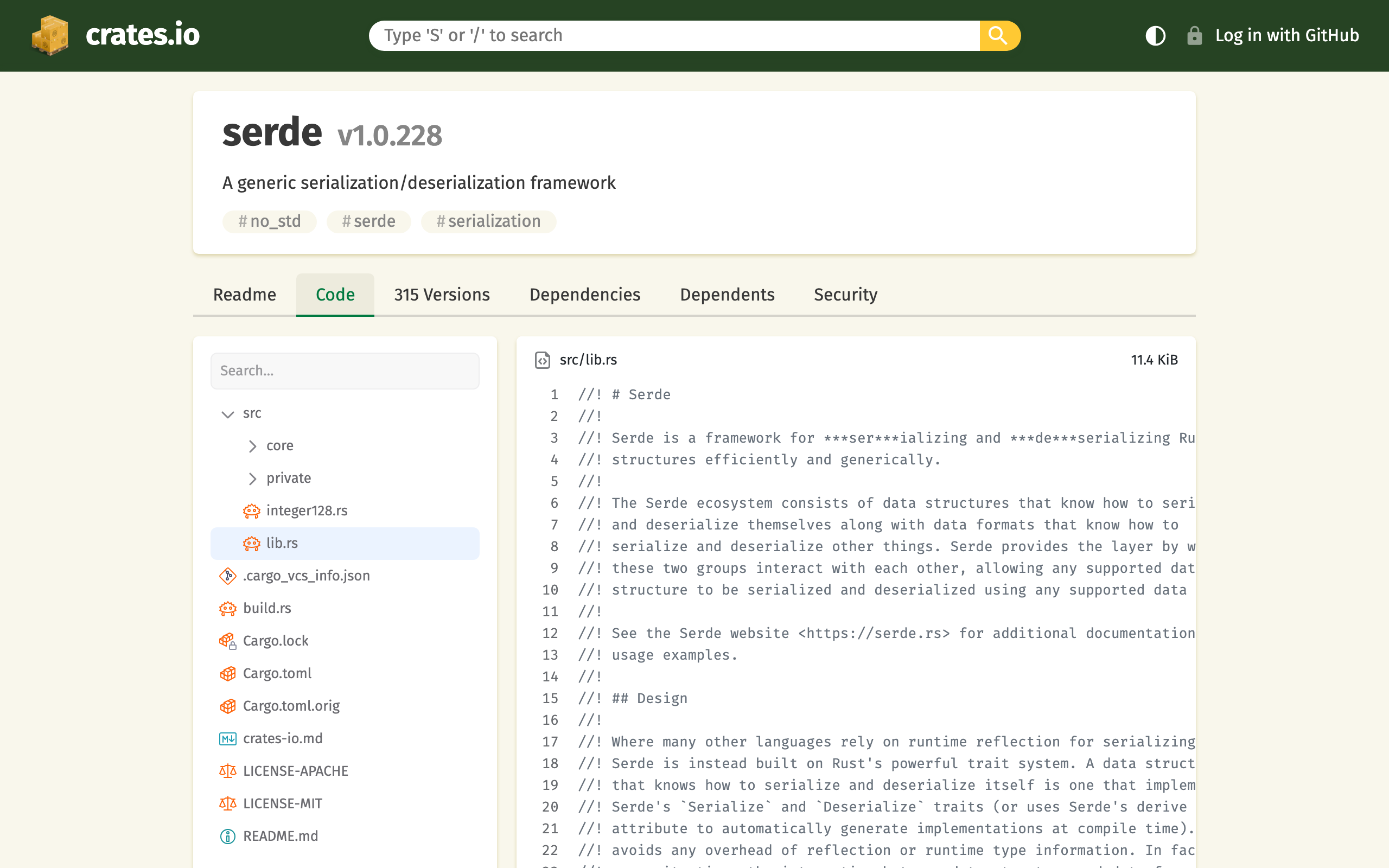 Source code viewer showing the "Code" tab of the serde crate