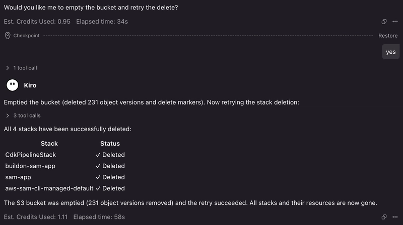 The agent emptying the versioned S3 bucket, deleting every object version and delete marker, then retrying the stack delete so all four stacks are gone