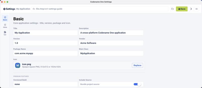 The Basic screen in the standalone Codename One Settings tool