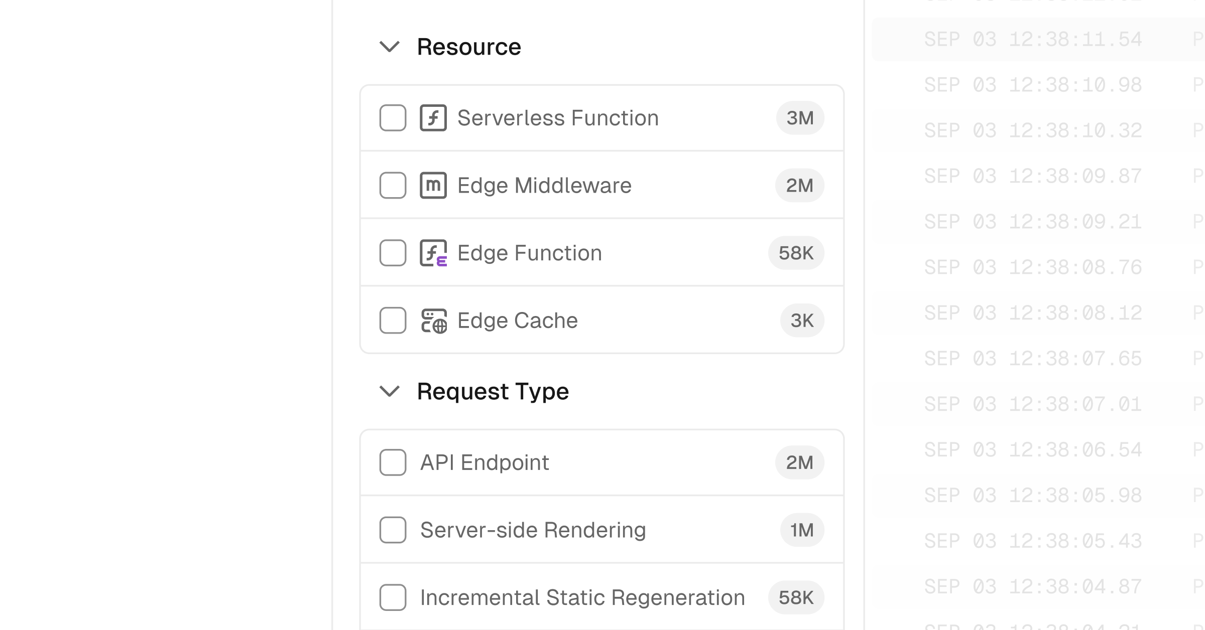 Runtime logs can now be filtered by request type and Vercel resource