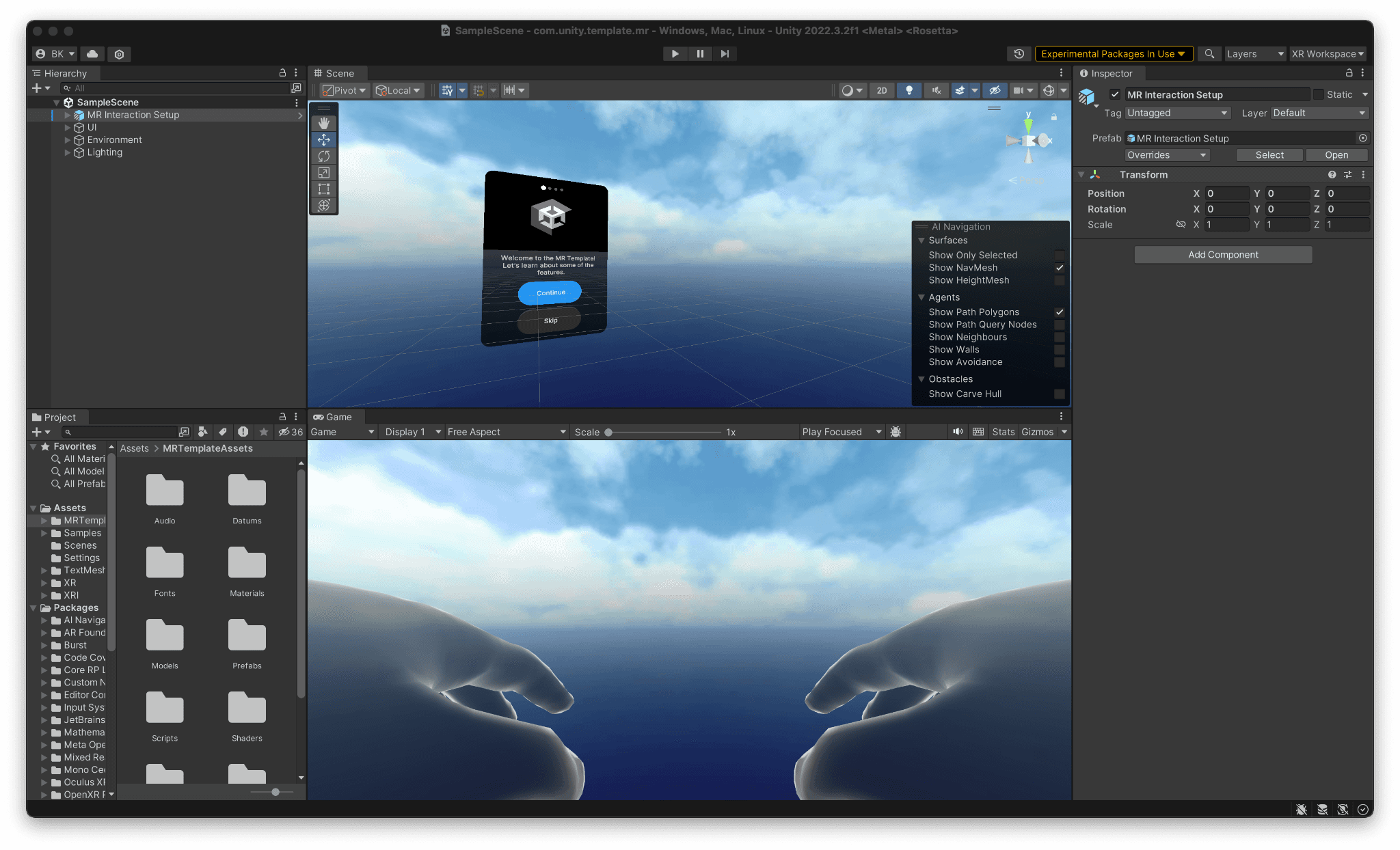 Peek of the Unity Editor interface with the MR template in action.