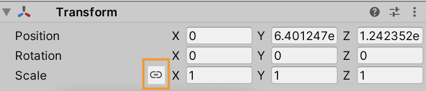 Grey tranform menu with different numbers in the position, rotation and scale boxes. An icon that looks like a paper clip is circled/highlighted in yellow.