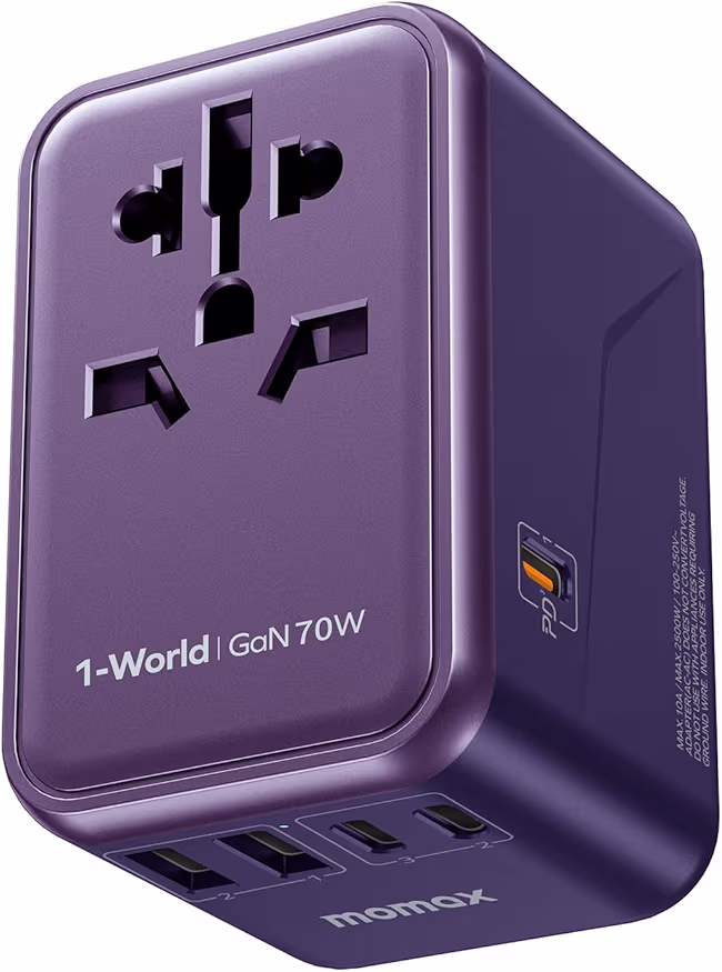 A purple power adaptor with multiple USB ports.