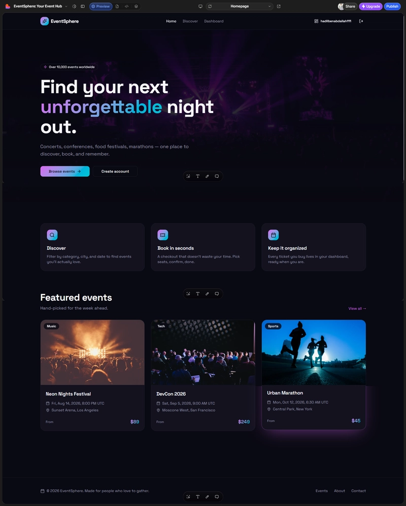 Lovable AI generating a complete event management web application with landing page, event discovery, ticket booking flow, and responsive user dashboard using AI app builder technology