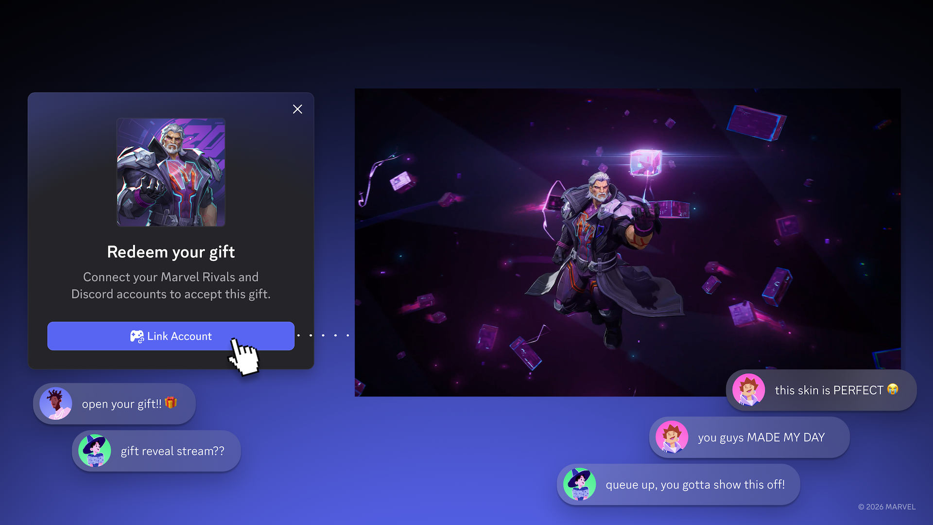 A preview of gifting the Marvel Rivals Magneto - Temporal Tyrant on Discord.