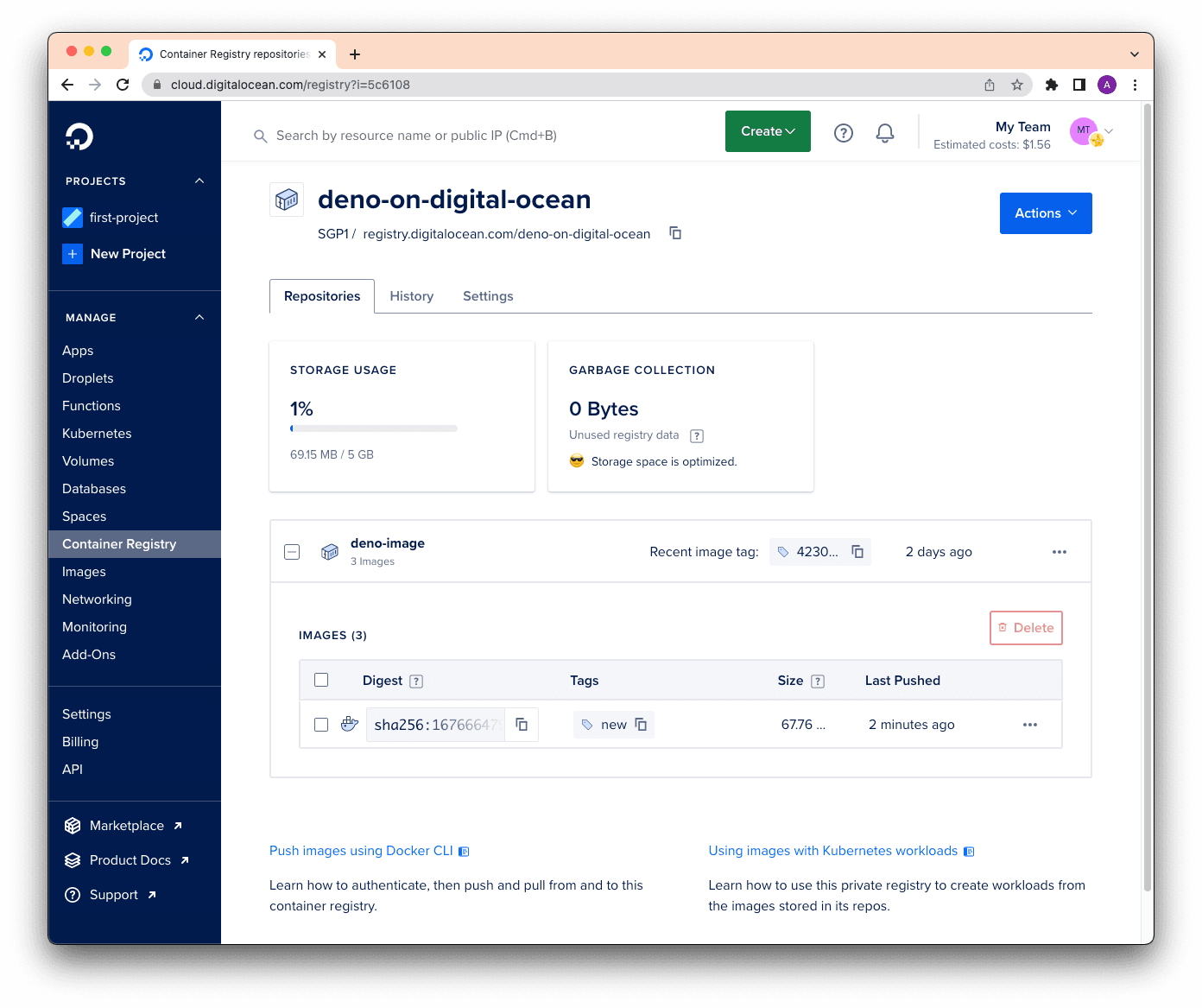 New deno image on Digital Ocean container registry