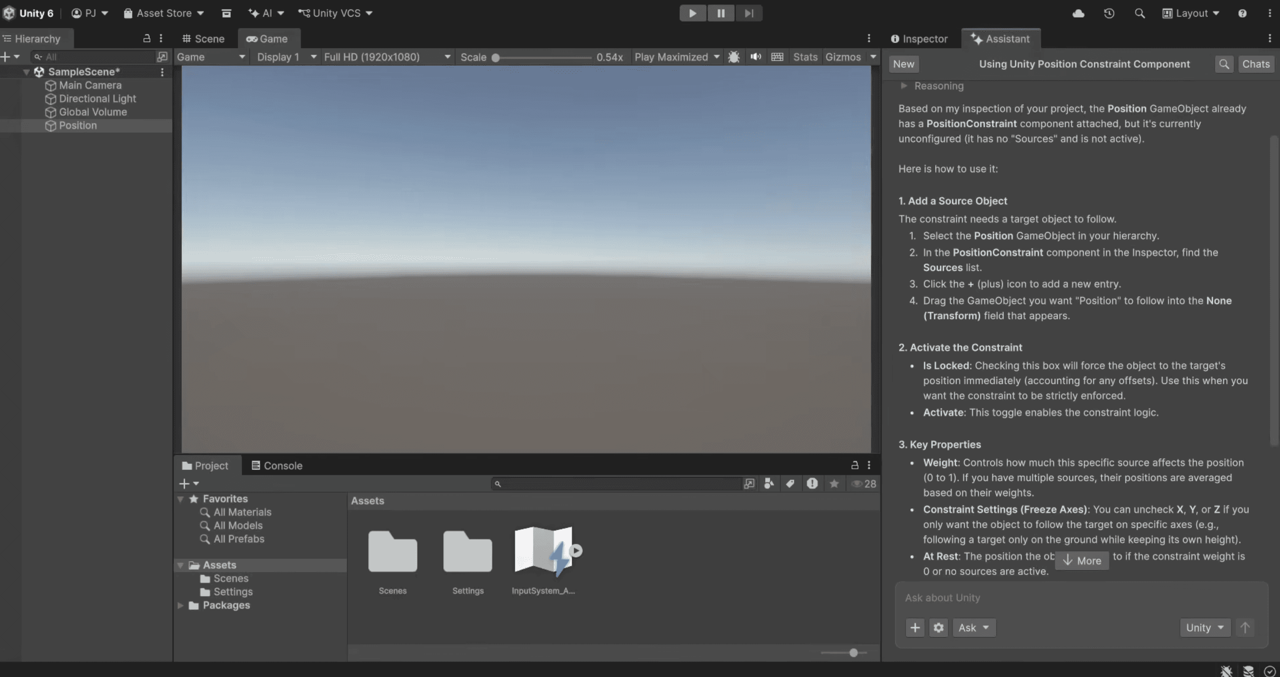 In-Editor screenshot of the Unity AI Assistant in Plan mode, presenting a workback schedule and reasoning for suggested project changes