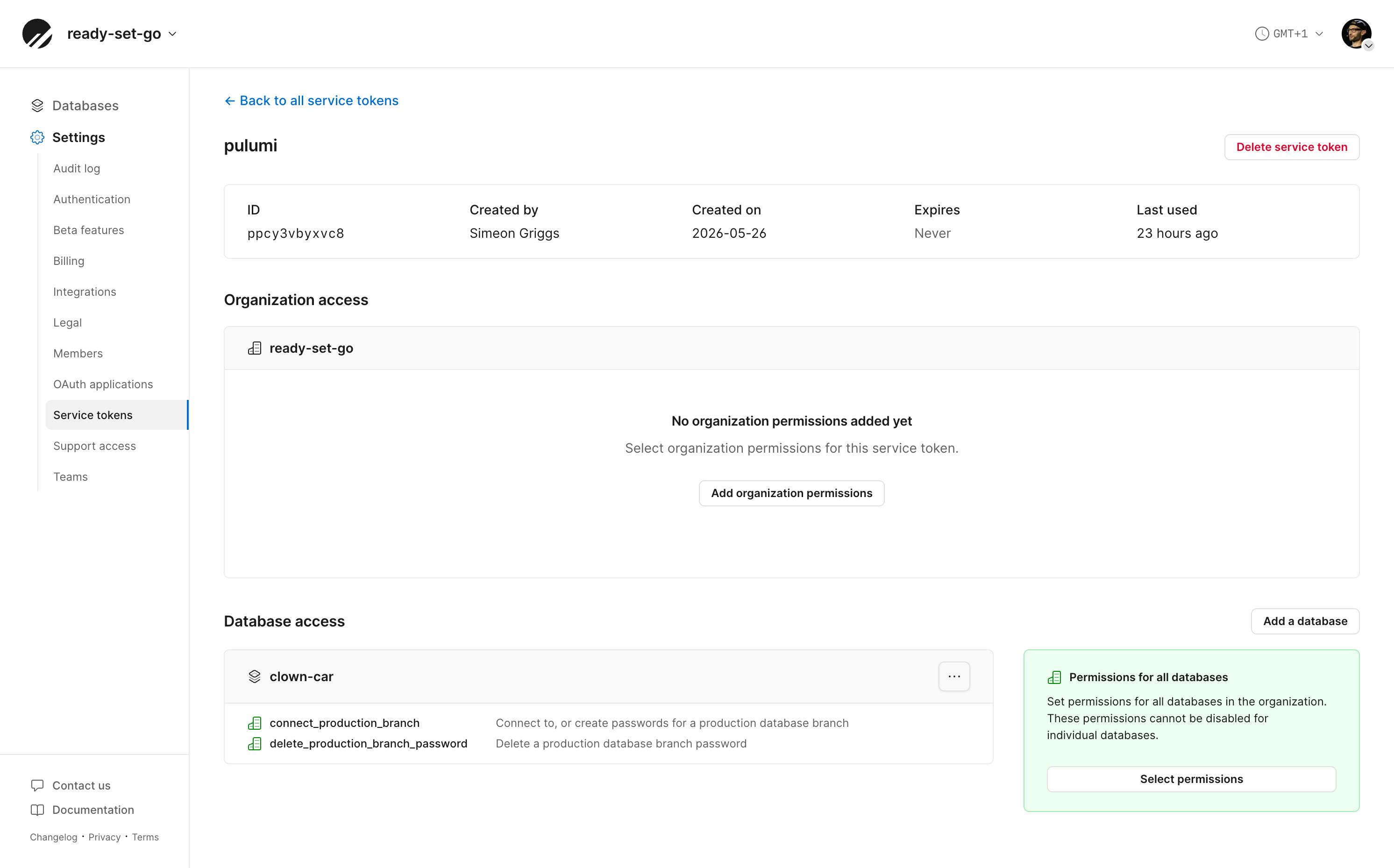 Applying permissions to a service token in the PlanetScale dashboard