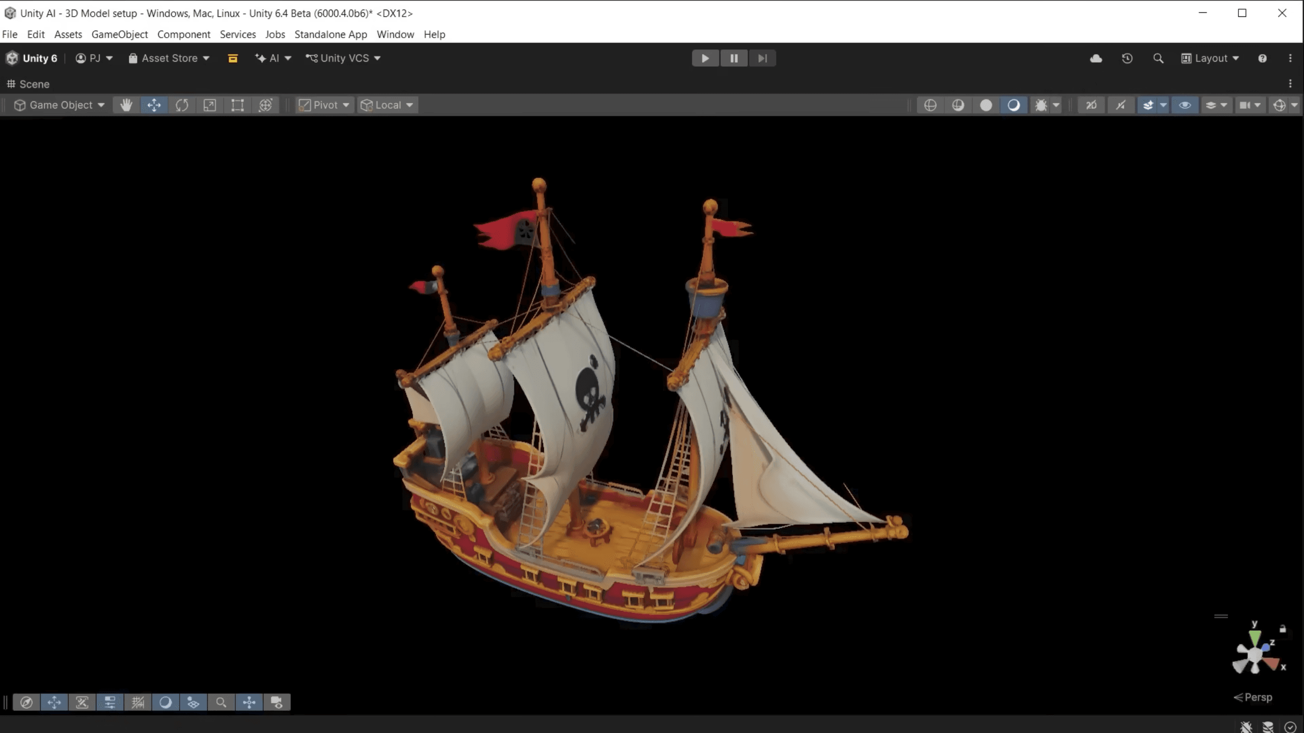 An AI-generated prefab of a pirate ship in the Unity Editor.