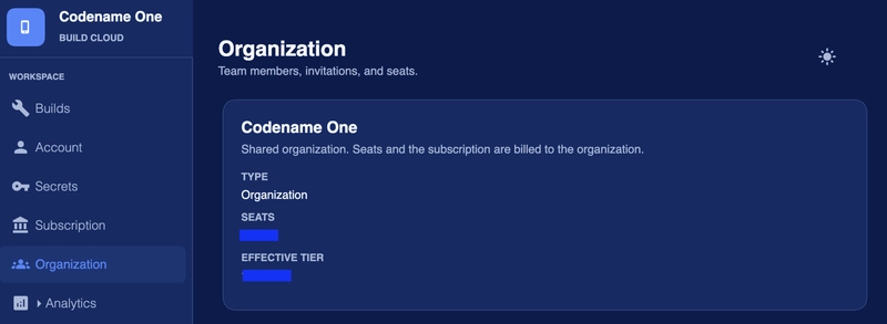 Organization settings in the build console