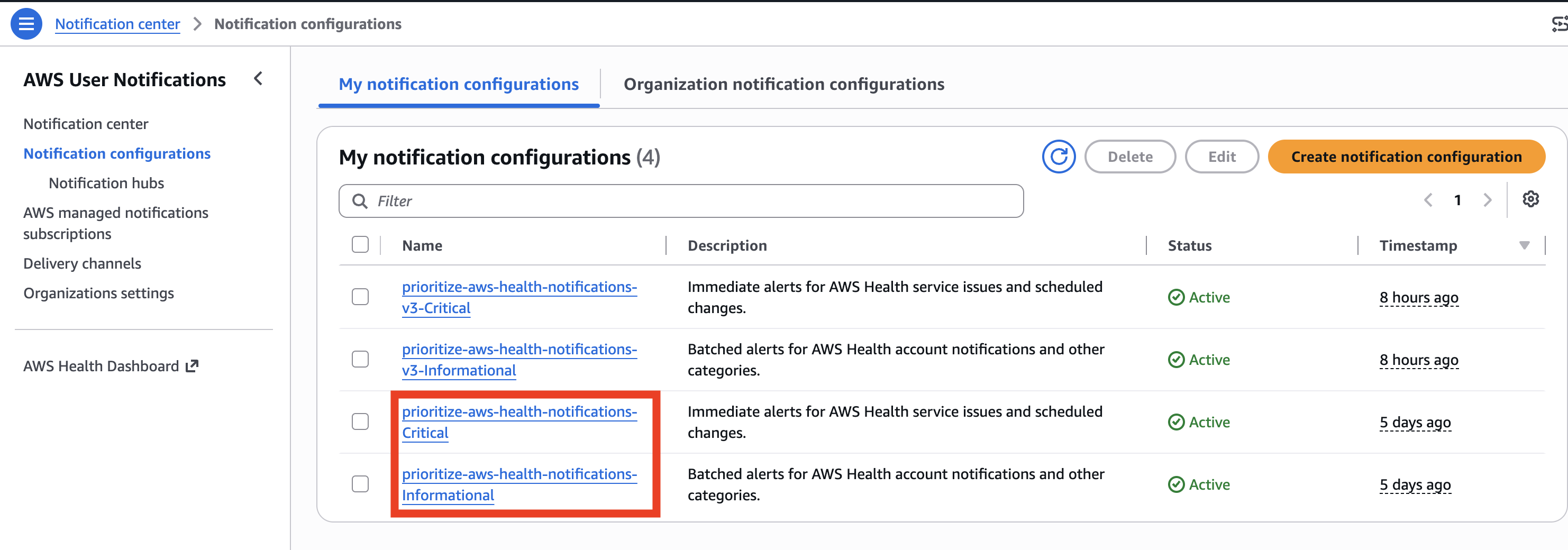 AWS User Notifications console showing two notification configurations