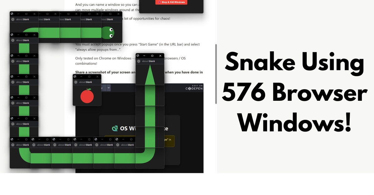 🐍 Snake - rendered with 576 browser windows [warning - this WILL hurt your eyes...and PC!]