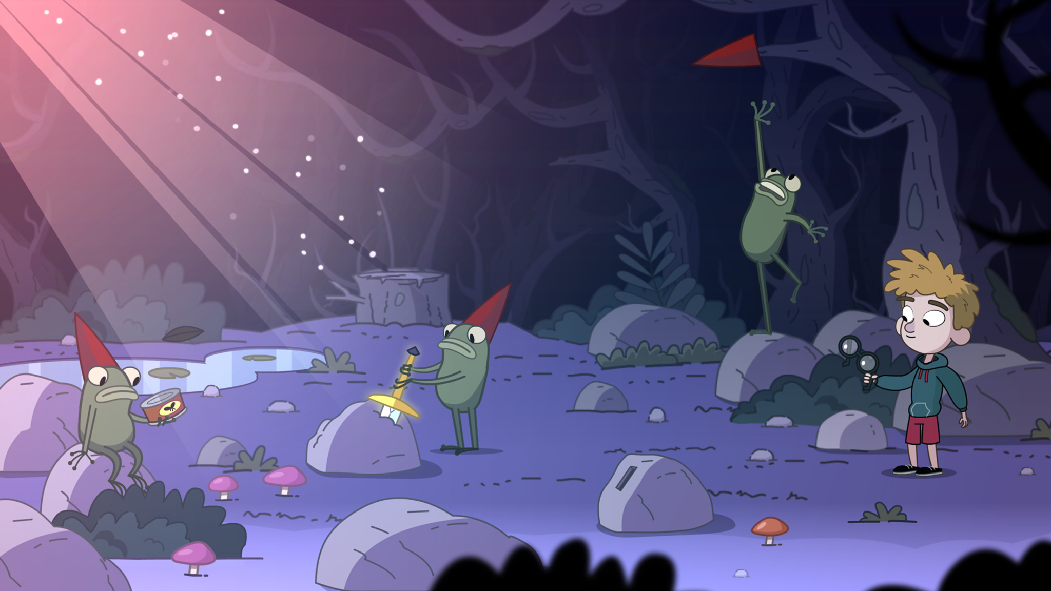 A screenshot from Lost in Play that shows Toto in a dark forest with three frogs, one of whom is trying to retrieve a sword from a stone.