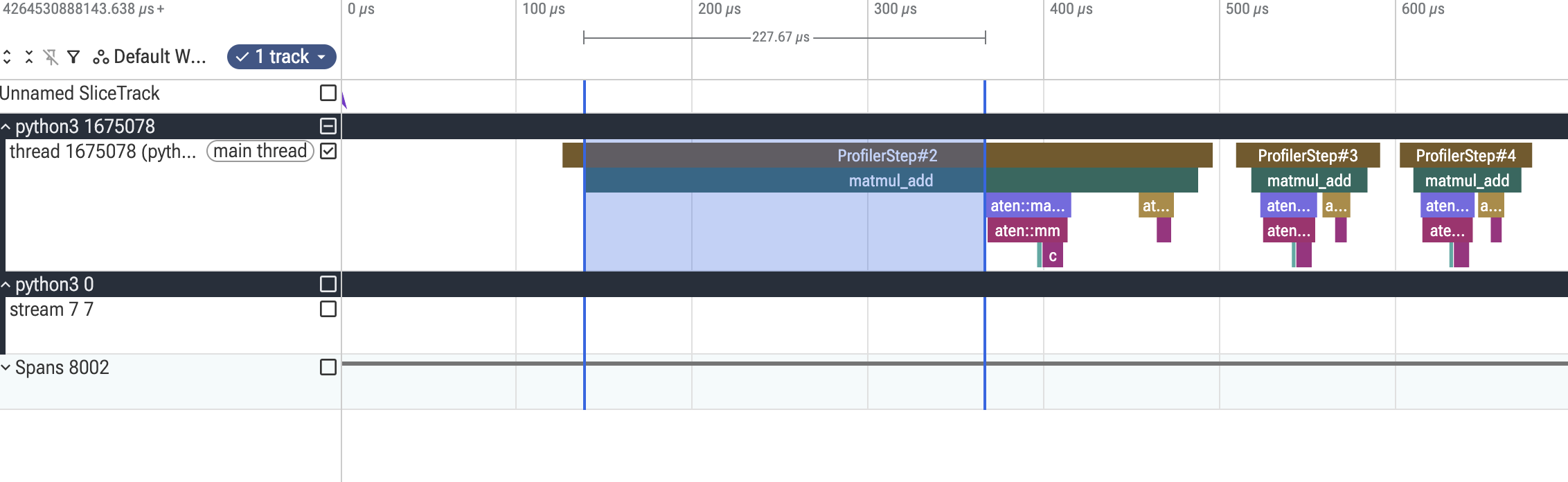 228 microsecond gap between record_function matmul_add and the aten::matmul dispatch in profile step 2