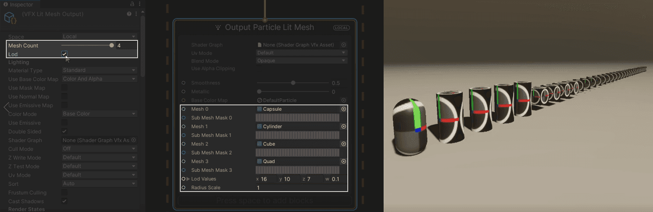 Showcasing the ability to modify the LOD values field in your output to designate the minimum percentage of the screen that each of your meshes must occupy to be visible