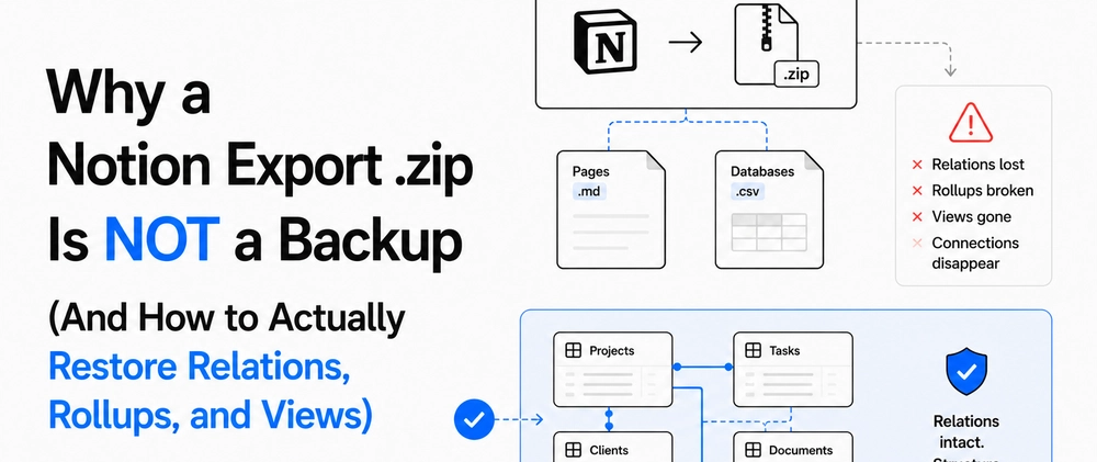 Cover image for Why a Notion Export .zip Is NOT a Backup (And How to Actually Restore Relations, Rollups, and Views)