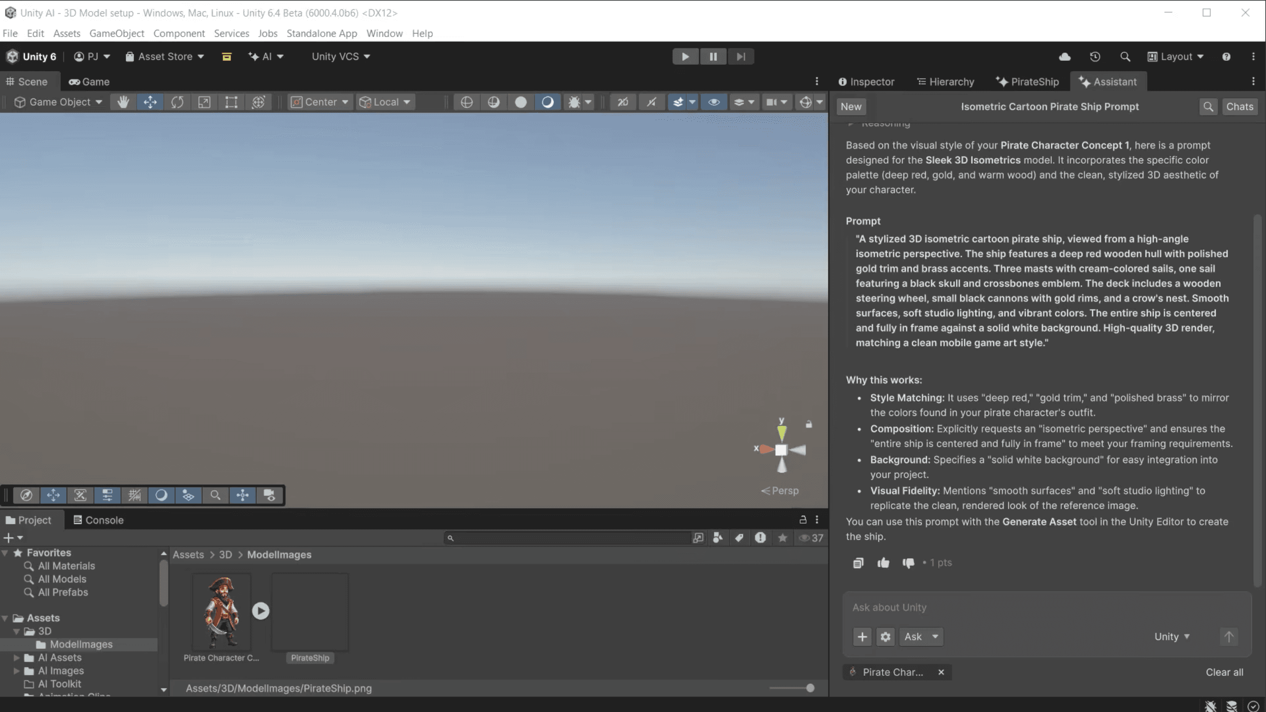In-Editor view of the Unity AI Assistant window showing context before generating a 3D object.