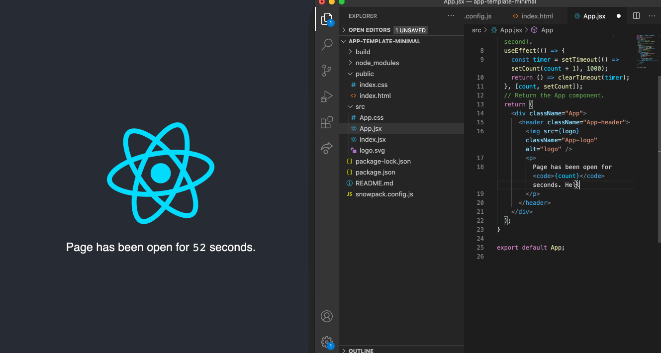 A code editor side by side with a window showing a React component with a timer running. When the code editor saves a change, the page updates only the changed elements, meaning the timer can keep running uninterrupted.