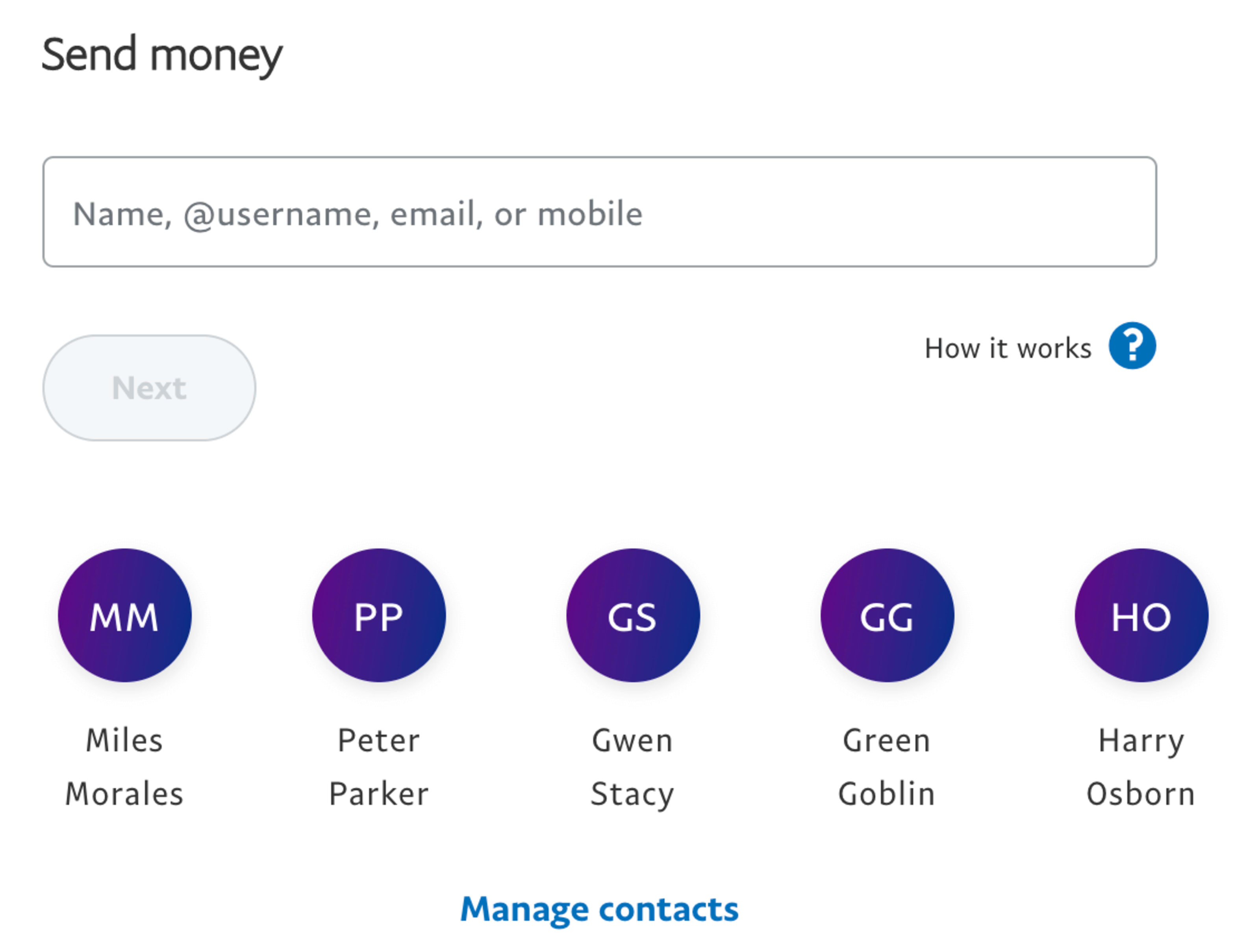 PayPal page with contacts
