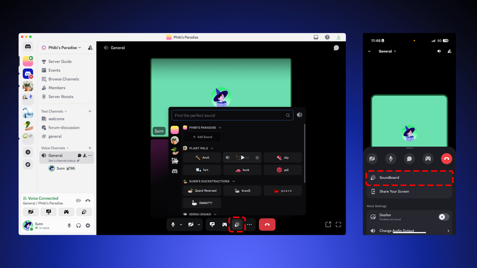 Soundboard location on mobile and desktop.