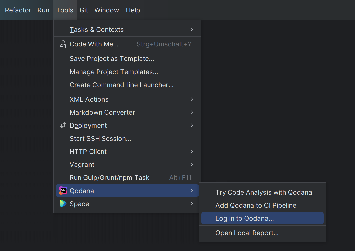 The Log in to Qodana Cloud menu