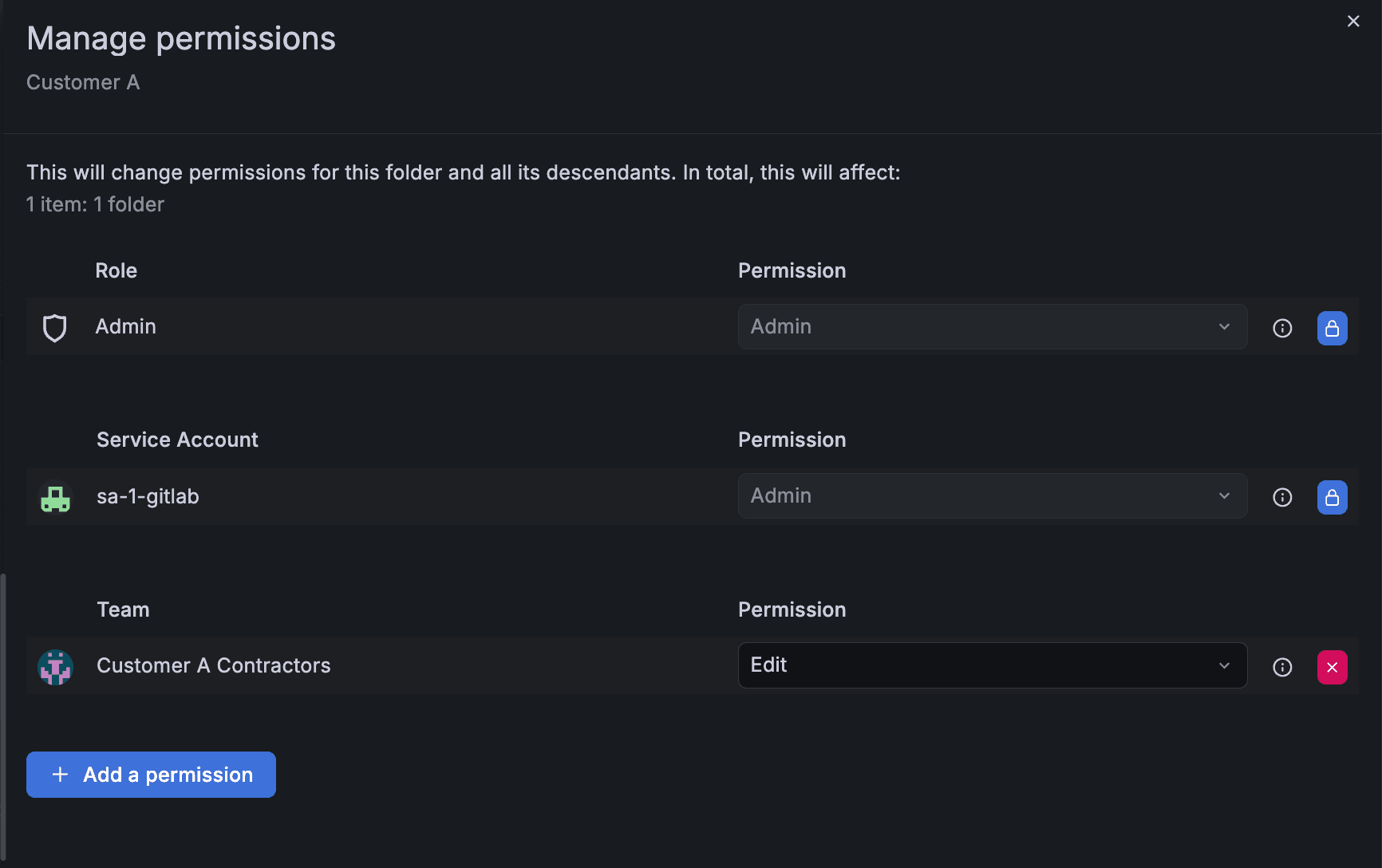 Menu for managing permissions, with role, service account, and team, each with separate permission settings