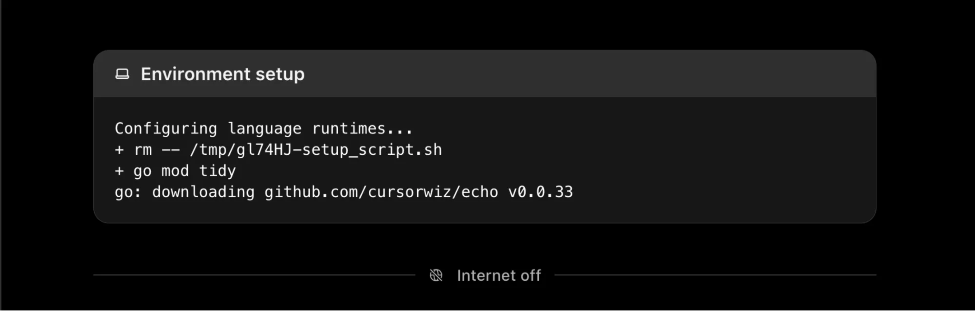 A screenshot of Codex setting up an environment by running go mod tidy.