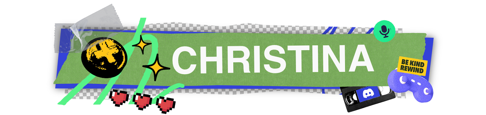 A stylized header that says “Christina.” Icons and imagery of gamepads, microphone icons, VHS tapes, and in-app Activity statuses.