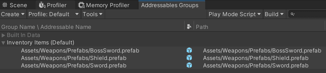 Assets menu with 'sword', 'bosssword', and 'shield' as options